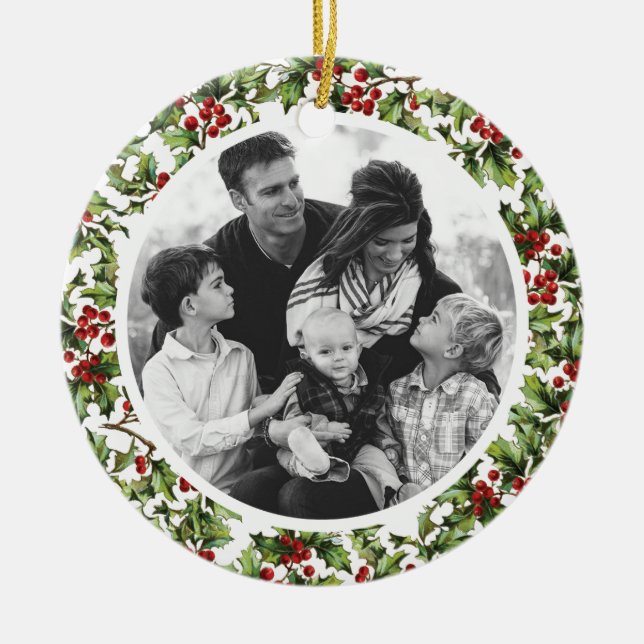 Vintage Holly Framed Photo Ornament with Monogram (Front)