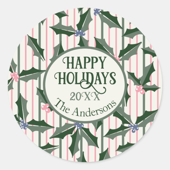 Vintage Holly Holiday with Name Classic Round Sticker (Front)