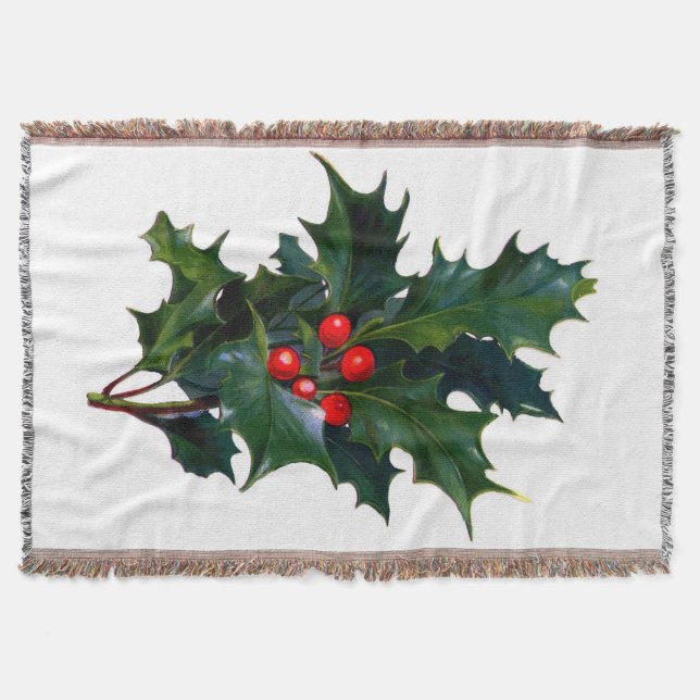 Vintage Holly Leaf and Berry Afghan Throw Blanket (Front)