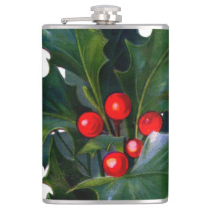 Vintage Holly Leaf Berry Hip Flask