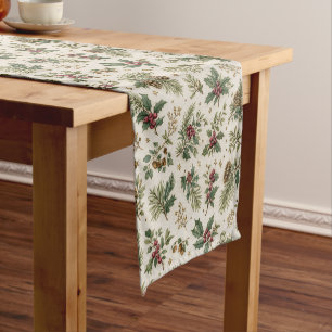 Vintage Holly Pine Christmas Botanical Short Table Runner
