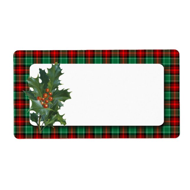 Vintage Holly Red Green Plaid Blank Holiday Label (Front)