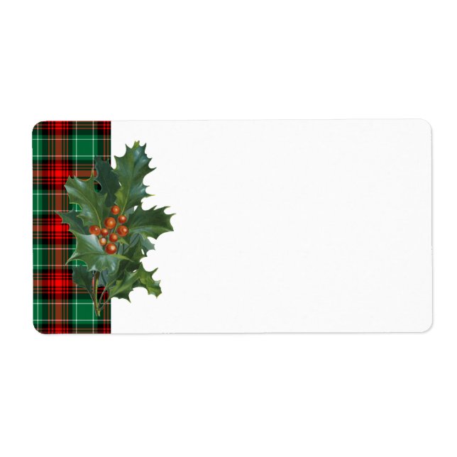 Vintage Holly Red Green Plaid Blank Holiday Label (Front)