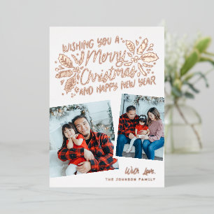 Vintage Holly Tilted Snapshot 2 Photo Christmas Foil Holiday Card