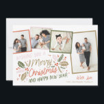 Vintage Holly Tilted Snapshot 4 Multi-Photo Holiday Card<br><div class="desc">This festive and chic holiday photo card features our original hand-drawn winter foliage with sweet styled typography in vibrant colours and tilted photos with colourful borders. The back comes with a matching pattern for an extra special touch.</div>