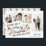 Vintage Holly Tilted Snapshot 4 Multi-Photo Holiday Card<br><div class="desc">This festive and chic holiday photo card features our original hand-drawn winter foliage with sweet styled typography in vibrant colours and tilted photos. The back comes with a matching pattern for an extra special touch.</div>