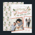 Vintage Holly Tilted Snapshot Multi-Photo Red Holiday Card<br><div class="desc">This festive and chic holiday photo card features our original hand-drawn winter foliage with sweet styled typography in vibrant colours and 2 tilted photos. The back comes with a matching pattern</div>