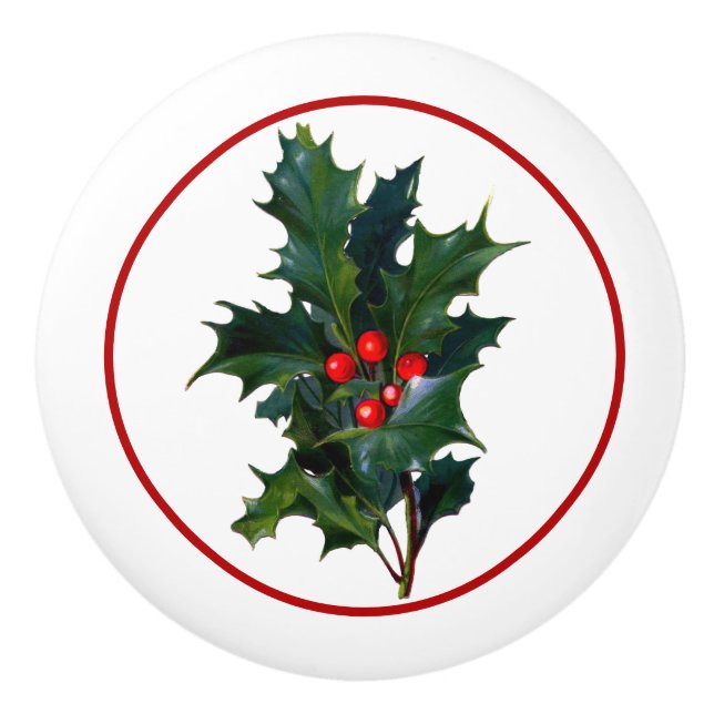 Vintage Holly With Berries Drawer / Cabinet Ceramic Knob (Front)