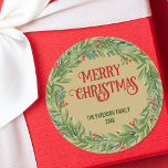 Vintage Holly Wreath Family Name Christmas Gold Classic Round Sticker<br><div class="desc">Add a touch of festive charm to your presents with this gold round sticker featuring a classic Christmas wreath. Customize it with your family's name and "Merry Christmas" message for a warm and welcoming holiday vibe.</div>