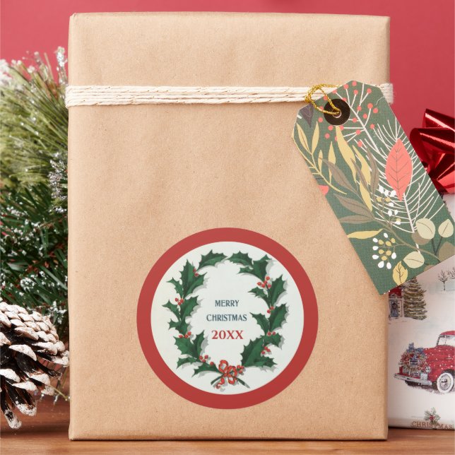 Vintage Holly Wreath Merry Christmas Classic Round Sticker (Holiday)