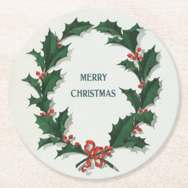 Vintage Holly Wreath Merry Christmas Round Paper Coaster (Front)