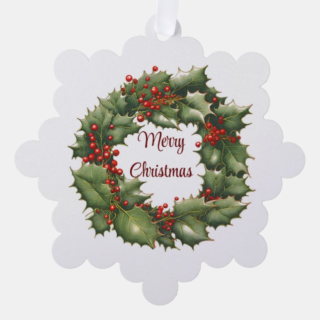 Vintage Holly Wreath Paper Ornament Card (Front)