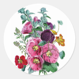 Vintage Hollyhock Blooms Classic Round Sticker