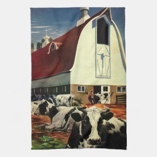 Vintage Holstein Milk Cows on Dairy Farm Business Kitchen Towel