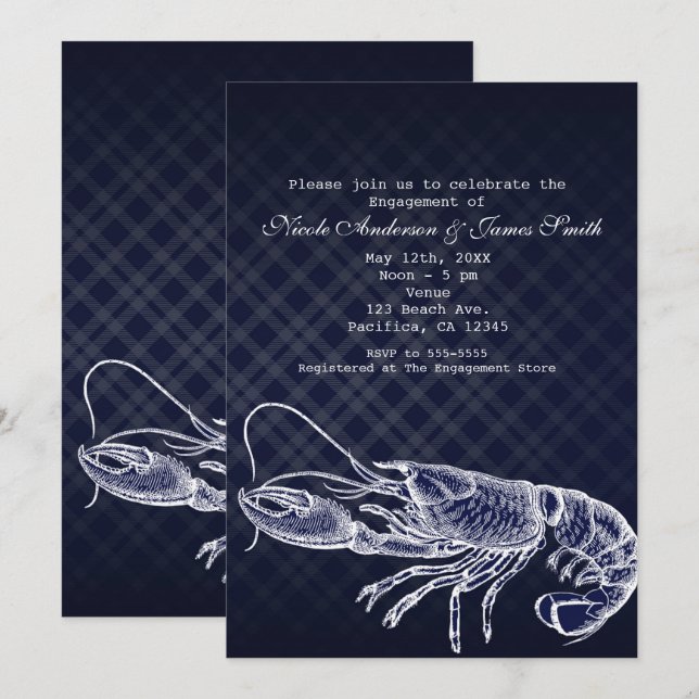 Vintage Homard Marine Bleu Élégant Invitations (Devant / Derrière)