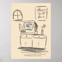 Vintage Home Sweet Home TV Living Room Sketch