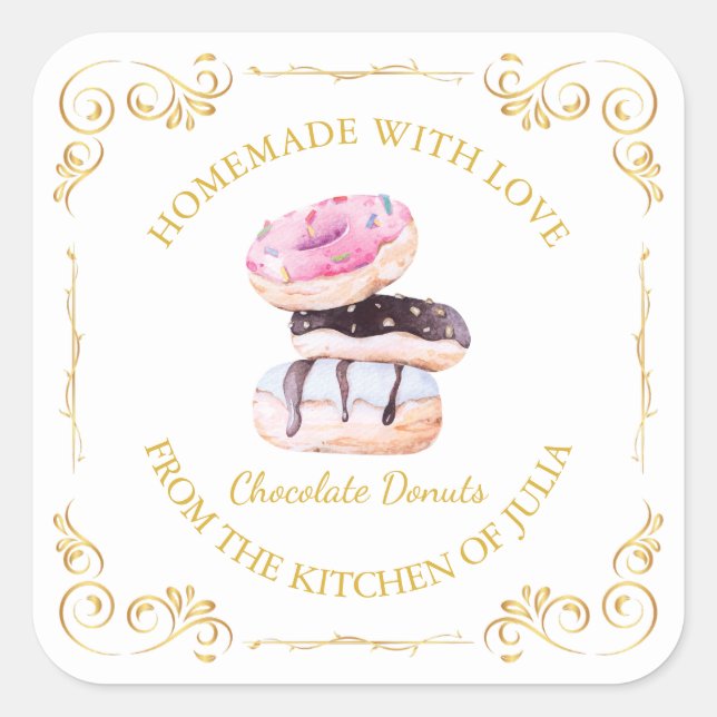 Vintage Homemade Doughnut Square Label | White (Front)