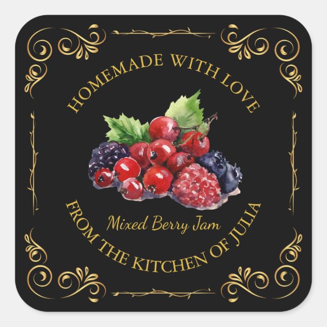 Vintage Homemade Mixed Berry Jam Square Label (Front)