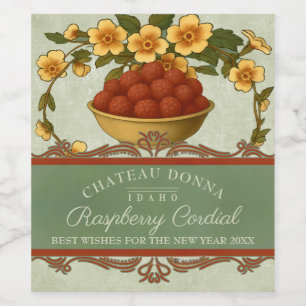 Vintage homemade raspberry cordial shrub wine label