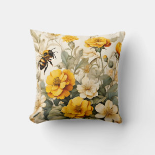 Vintage Honey Bee in botanicals Throw Pillow