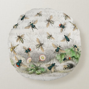 Vintage Honey Bee Queen Bee Entomology Botanical Round Pillow