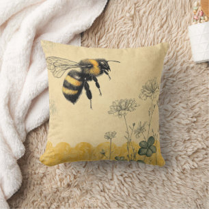 Vintage Honey Bee Wildflower Garden (8) Throw Pillow