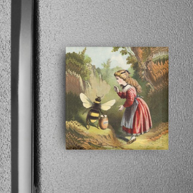 Vintage Honey Bee With Girl Magnet (Victorian little girl in woods with bee guarding honey pot on square magnet.)