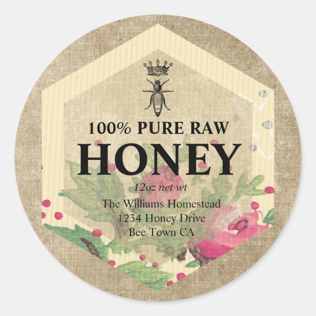 Vintage Honey Jar Label | Honey Bee  & Apiary Name (Front)