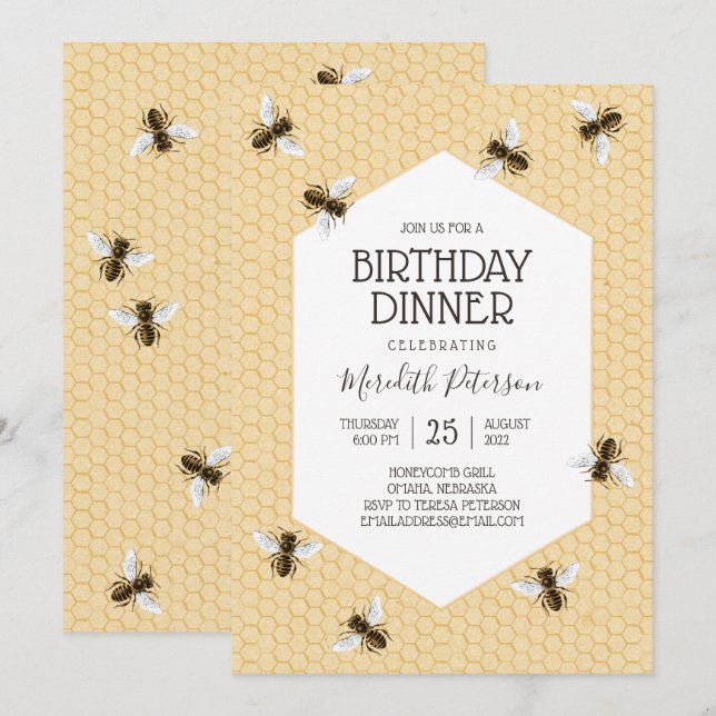 Vintage Honeybee Birthday Dinner Invitation (Front/Back)