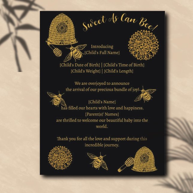 Vintage Honeycomb Bee Black Birth Announcement Postcard (Creator Uploaded)