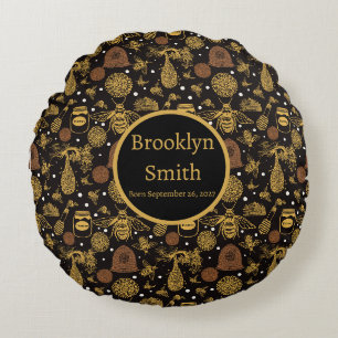 Vintage Honeycomb Bee Black Nursery Round Pillow