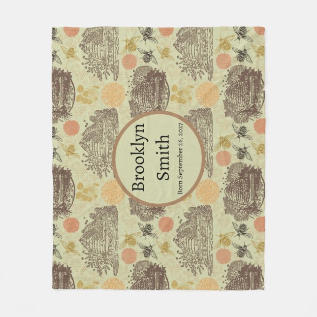 Vintage Honeycomb Bee Sage Fleece Blanket (Front)