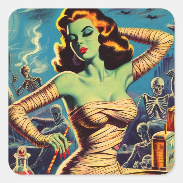 Vintage Horror Mummy Girl Square Sticker (Front)