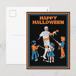 Vintage horror mummy with kids halloween holiday postcard