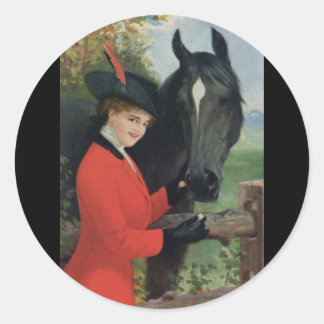 Vintage Horse Girl Red Coat Equestrian Sugar Cube Classic Round Sticker
