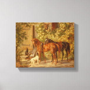 Vintage Horses Playing with Herding Dogs Canvas Print