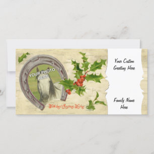 Vintage Horseshoe Holly Custom Holiday Card