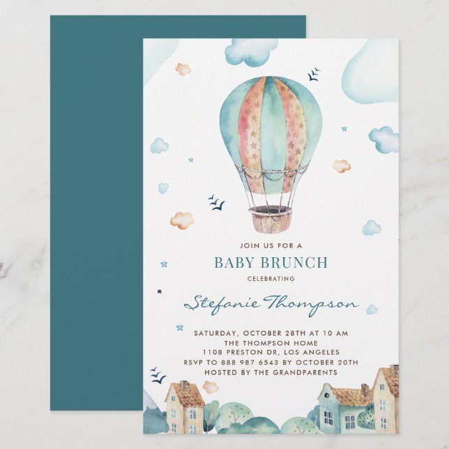 Vintage Hot Air Balloon Boy Baby Brunch Invitation (Front/Back)