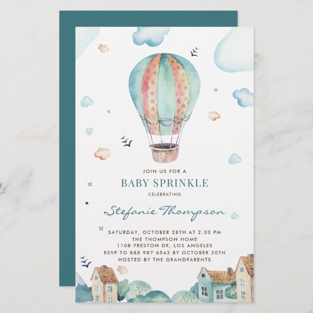 Vintage Hot Air Balloon Boy Baby Sprinkle Invite (Front/Back)