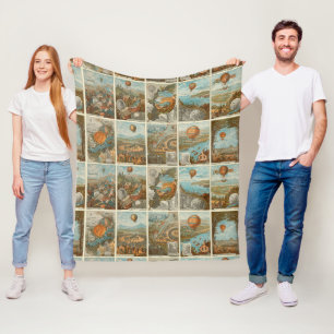 Vintage Hot Air Balloon Collecting Cards Pattern Fleece Blanket
