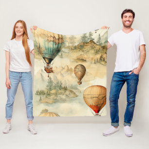 Vintage Hot Air Balloon in a Serene Landscape (4) Fleece Blanket