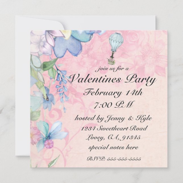 Vintage Hot Air Balloon Ride Valentine Invitations (Front)