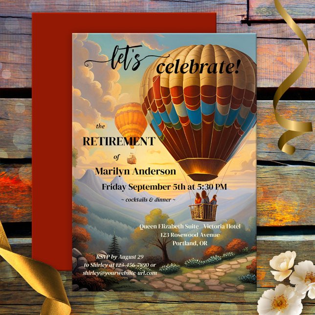 Vintage Hot Air Balloon Travel Retirement Party Invitation (Retirement party invitation featuring a colorful vintage painting of a hot air balloon)