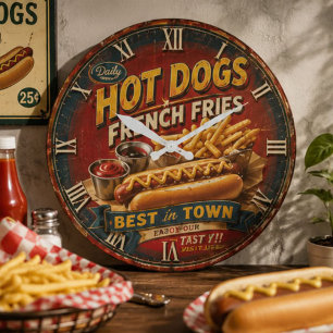 Vintage Hot Dogs & French Fries Large Clock