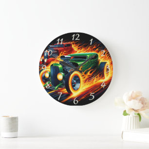 Vintage hot rods racing through flames at twilight large clock