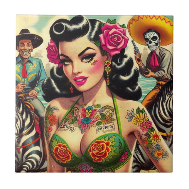 Vintage Hot Tattoo Girl Tile (Front)