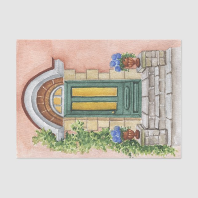 Vintage House Entrance Blue Hydrangea Tissue Paper (Front)