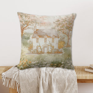 Vintage House in The Green Meadow Cottagecore Art Throw Pillow