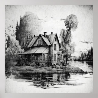 Vintage House on the River: A Serene Scene in Draw Poster