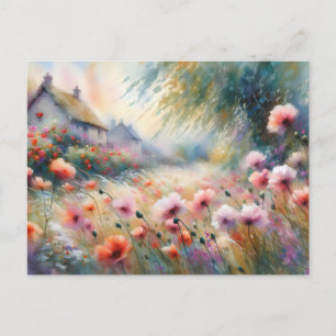 Vintage House With Flowers Field Nature Scene Postcard